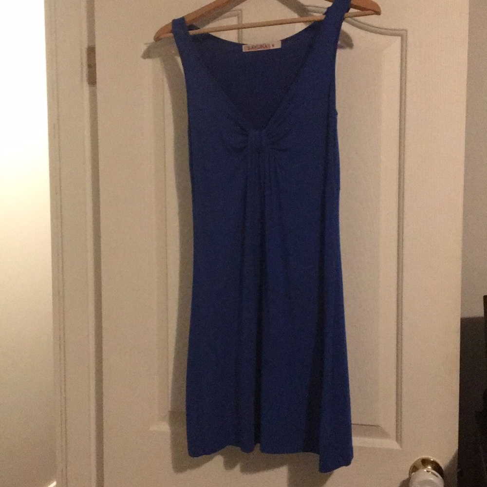 Blue “any occasion” dress. 94% viscose/6% spandex.